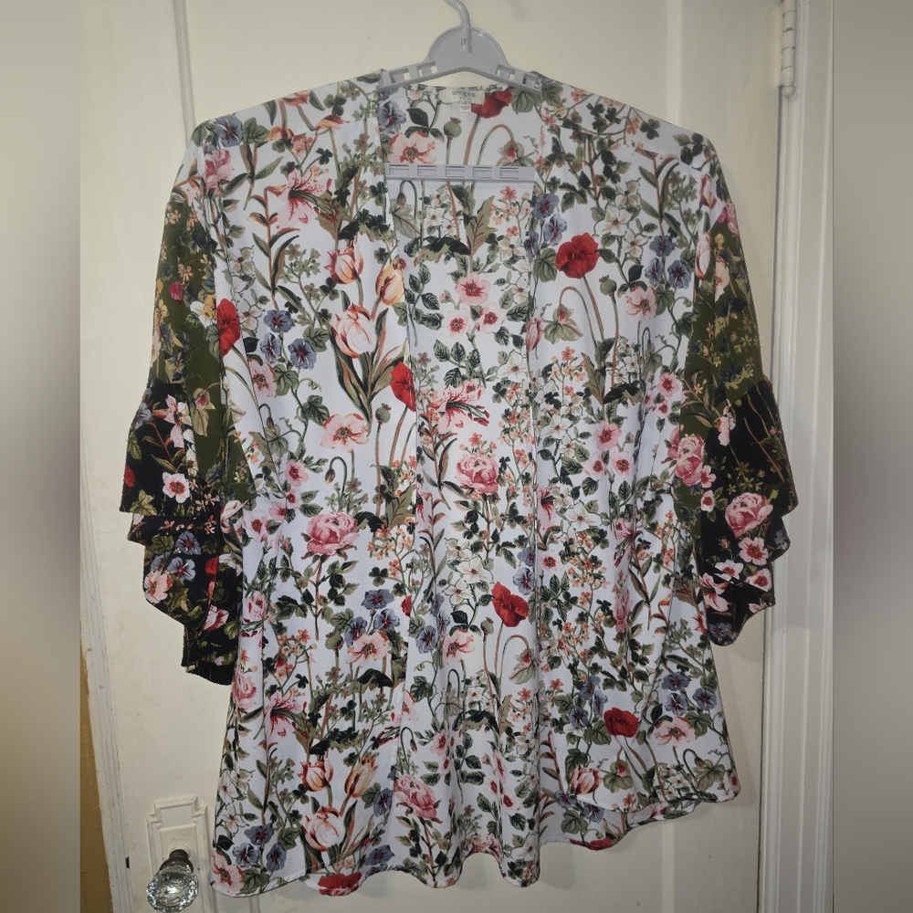 Umgee Floral Ruffle Sleeve  Long Duster Kimono Open Front  Multi-Color  Size M/L - Picture 4 of 12